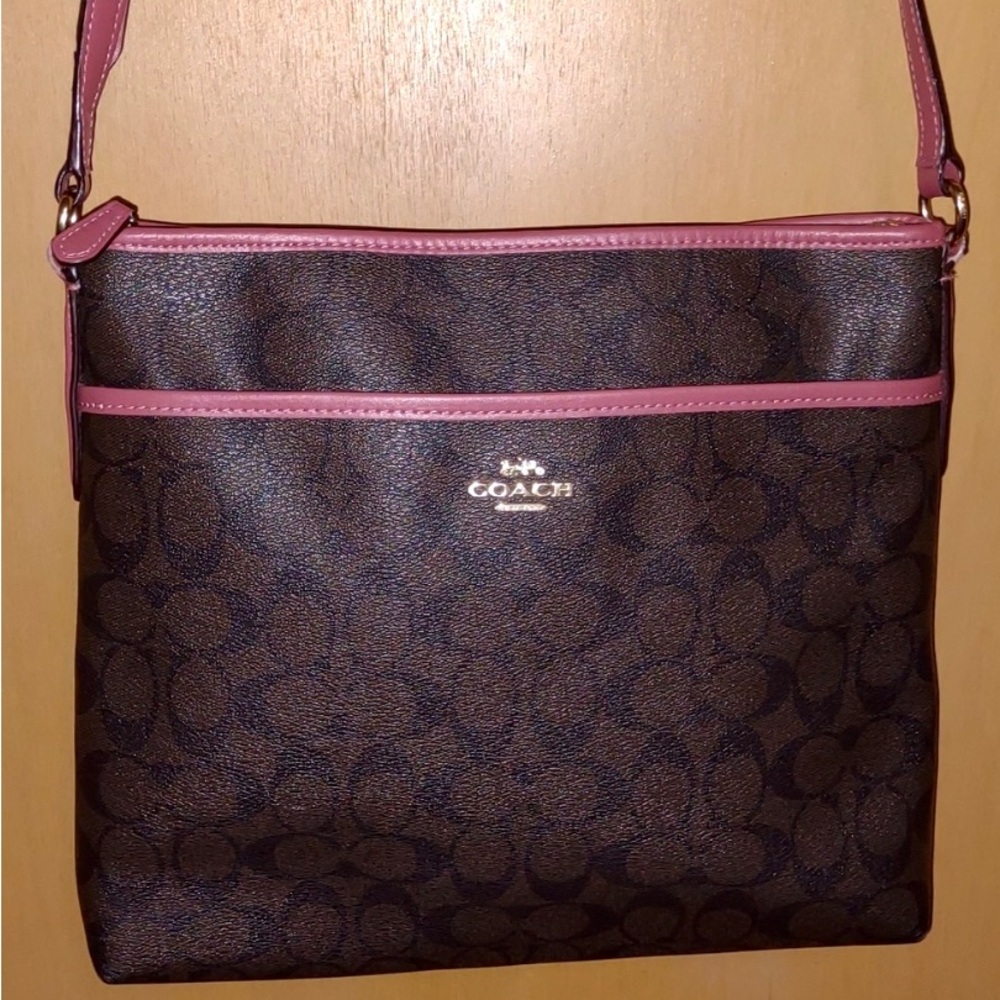 COACH FILE BAG IN BROWN/PINK LINED SIGNATURE COATED CANVAS CROSSBODY